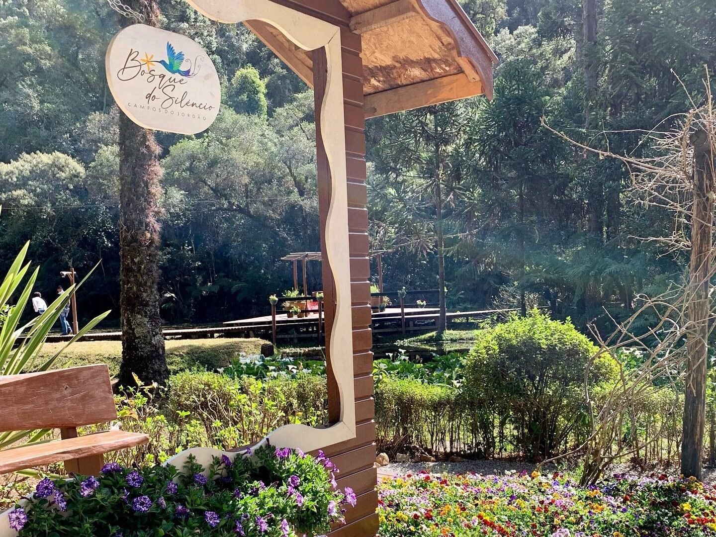Foto do Bosque do Silêncio em Campos do Jordão. Toda a área é repleta por vegetação e um belo jardim está em primeiro plano. Na esquerda há uma placa de madeira contendo o nome do bosque. Um banco também está atrás da placa. A foto ilustra o post de o que fazer em Campos do Jordão.