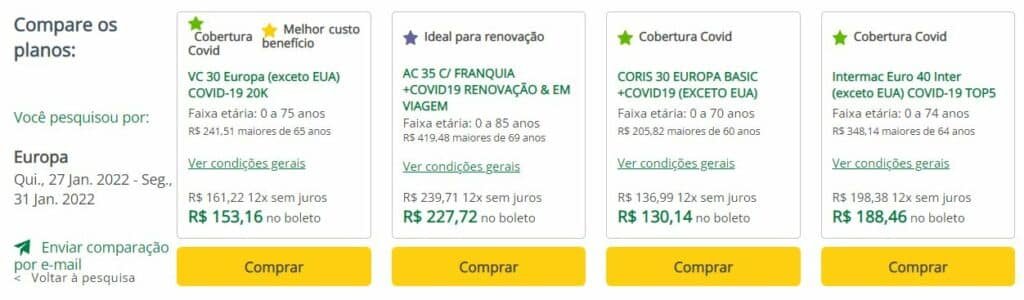 Quadro comparando opções de seguro viagem Cazaquistão.