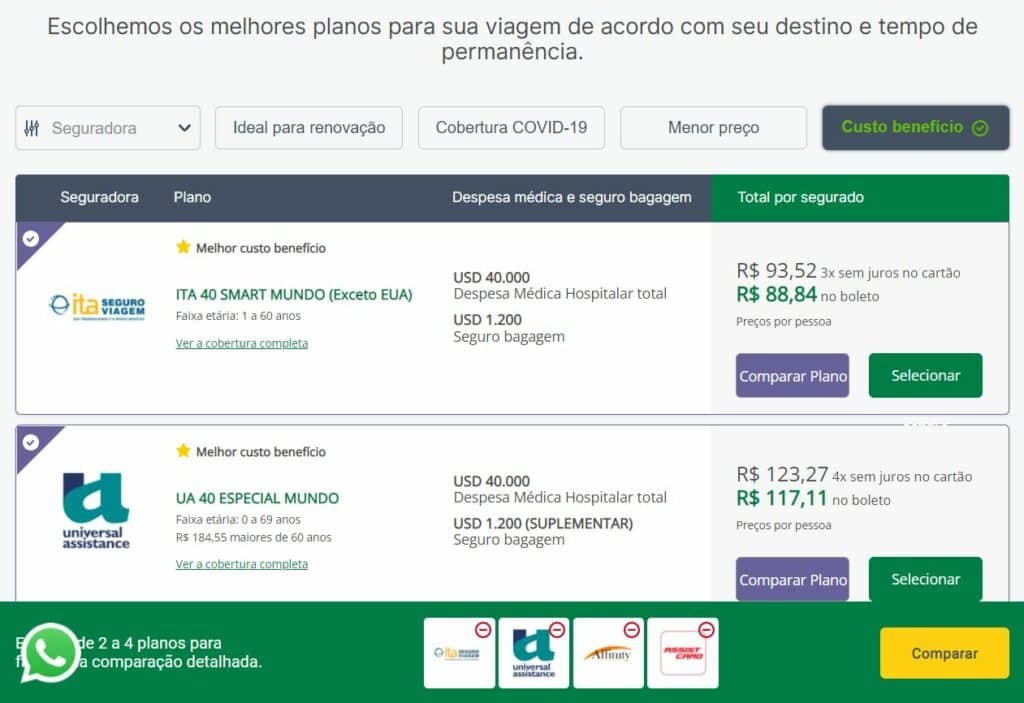 Tela da Seguros Promo mostrando opções de seguro viagem Palestina
